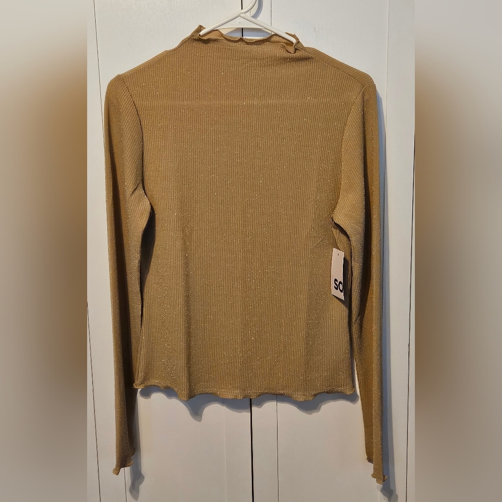 SO Tan/Gold Glitter Cowl Neck Sweater with Ribbed Knit Size Large